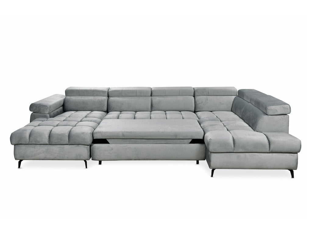 Canapé panoramique convertible matelassé avec coffre en velours gris LUCIANO - Angle gauche