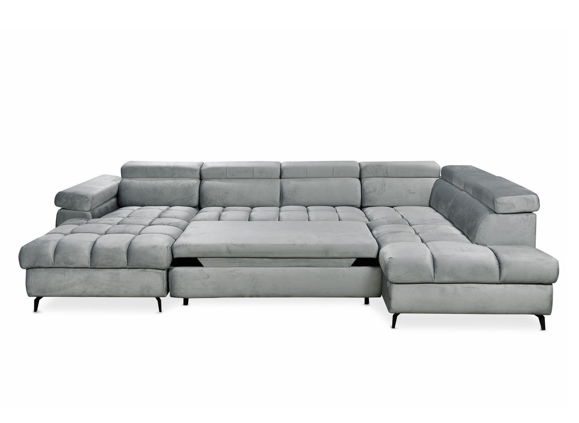 Canapé panoramique convertible matelassé avec coffre en velours gris LUCIANO - Angle gauche