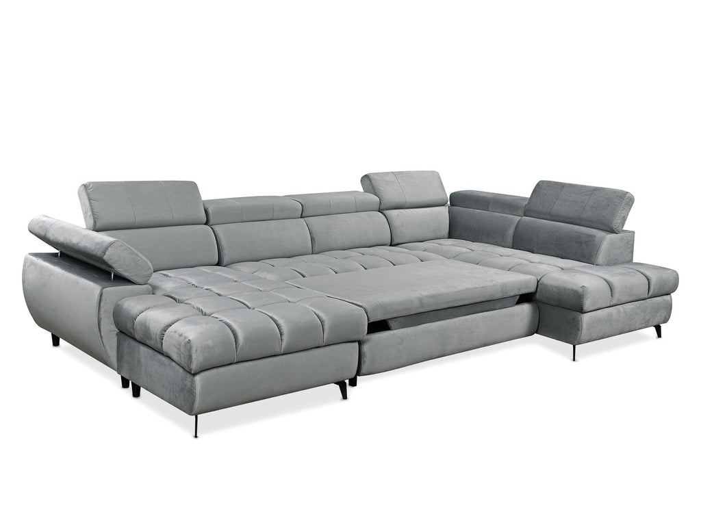 Canapé panoramique convertible matelassé avec coffre en velours gris LUCIANO - Angle gauche