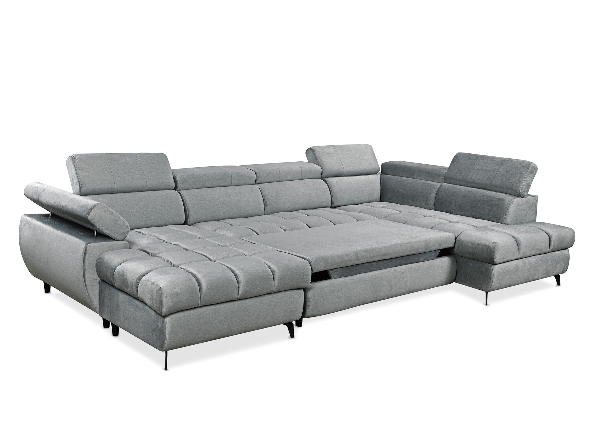 Canapé panoramique convertible matelassé avec coffre en velours gris LUCIANO - Angle gauche