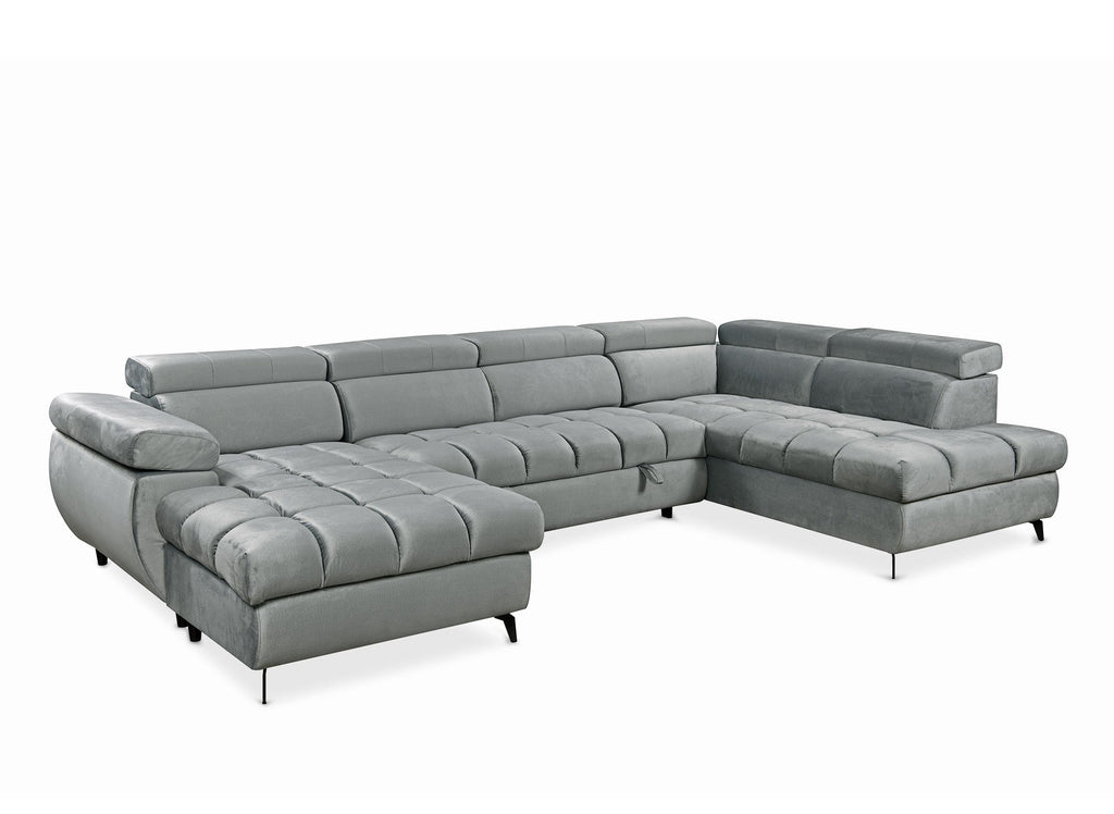 Canapé panoramique convertible matelassé avec coffre en velours gris LUCIANO - Angle gauche