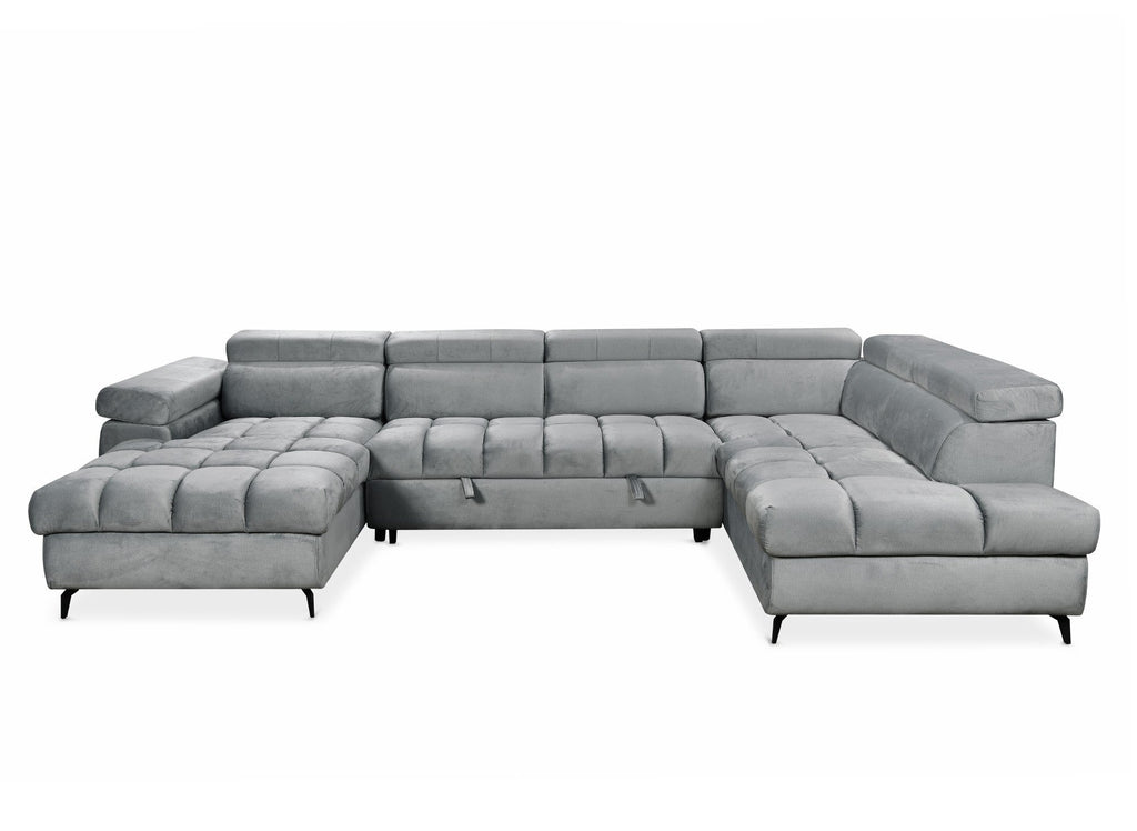 Canapé panoramique convertible matelassé avec coffre en velours gris LUCIANO - Angle gauche