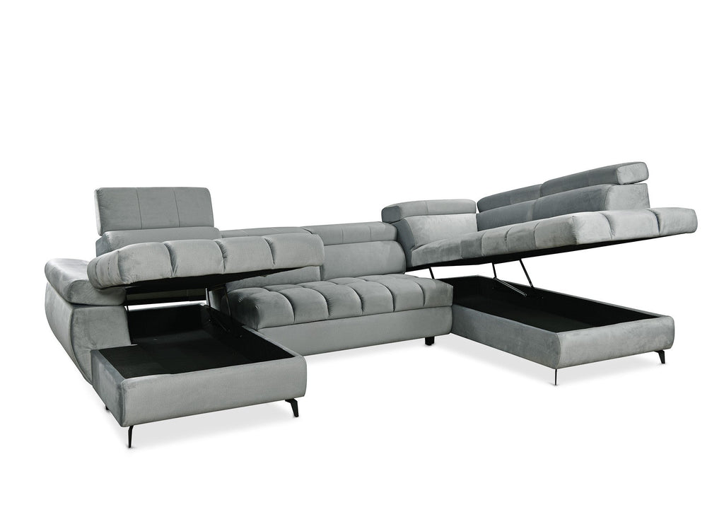 Canapé panoramique convertible matelassé avec coffre en velours gris LUCIANO - Angle gauche