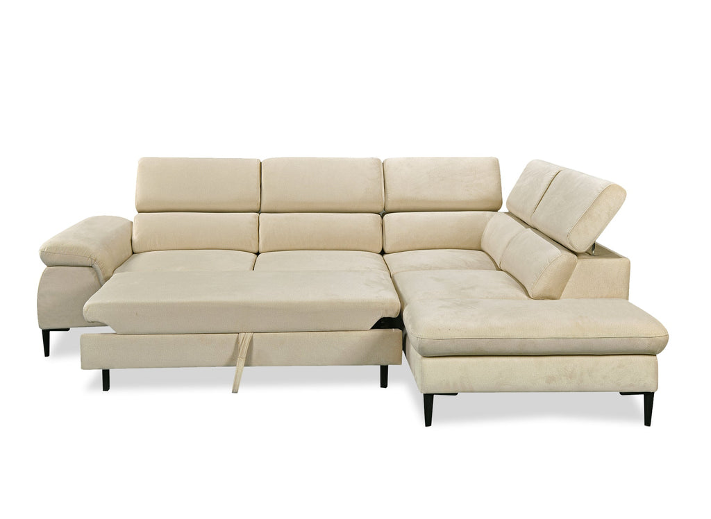 Canapé d'angle convertible avec coffre de rangement en velours beige SWAN - Angle droit