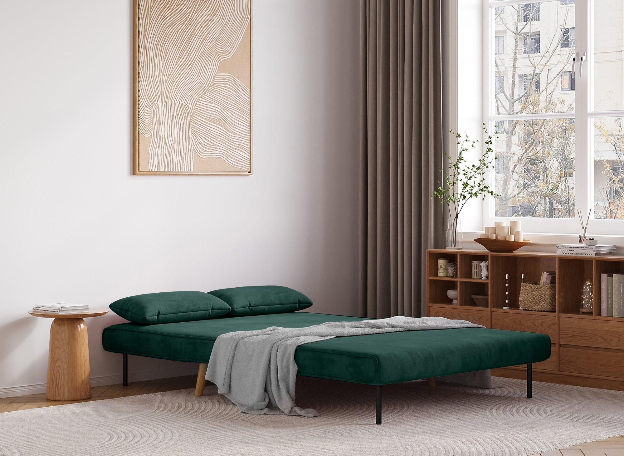 Banquette convertible 2 places en velours vert TONKA