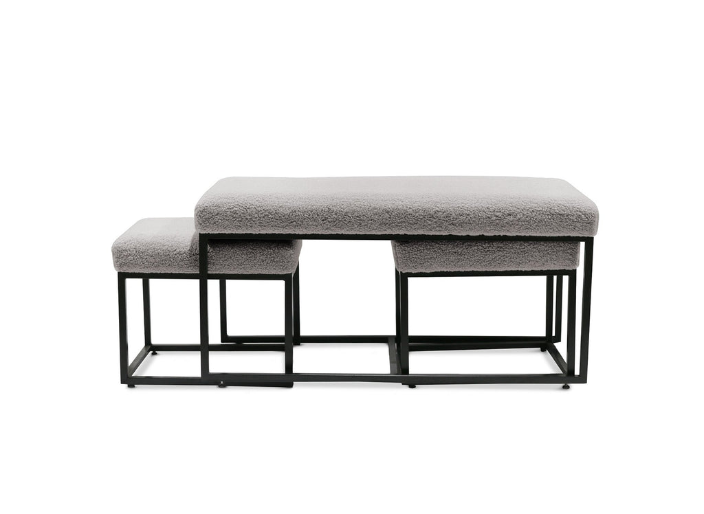 Banquette avec poufs en tissu bouclette gris et pieds en métal noir BECKIE