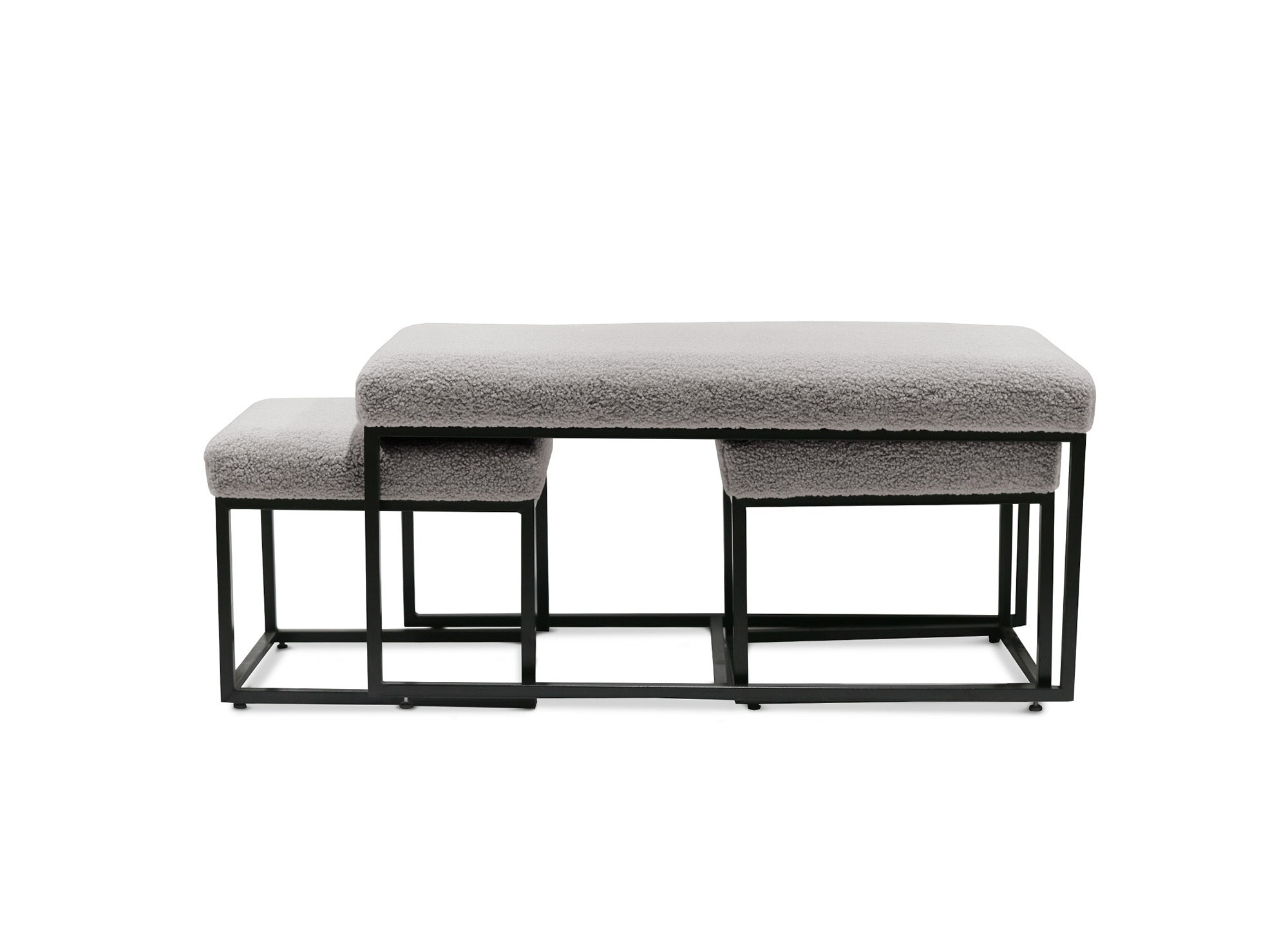 Banquette avec poufs en tissu bouclette gris et pieds en métal noir BECKIE