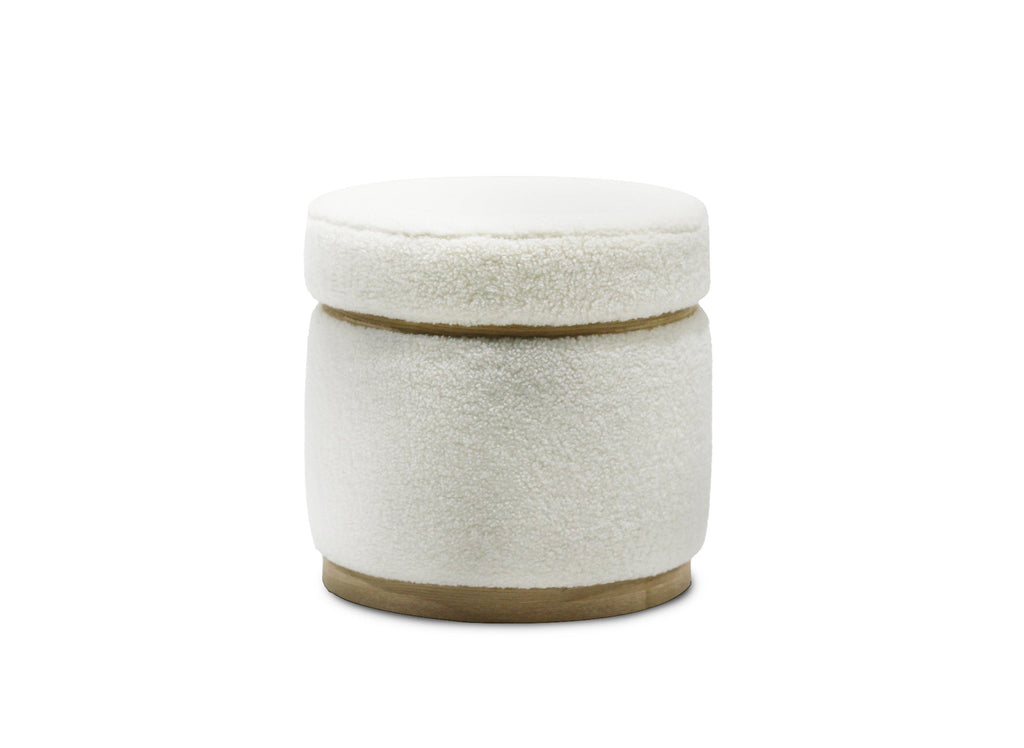 Pouf design en tissu effet peau de mouton blanc écru et bois clair DIVA