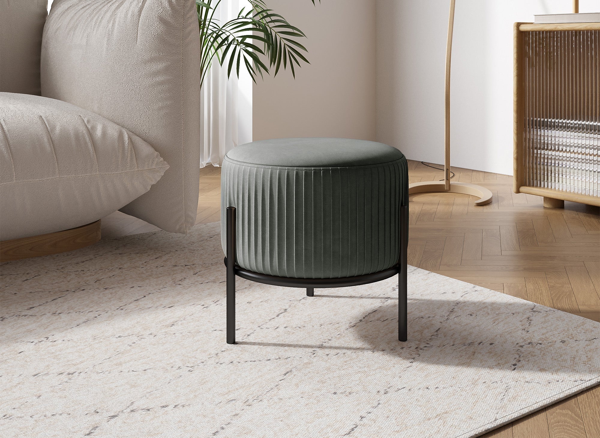 Pouf design en velours gris et pieds en métal noir GALY