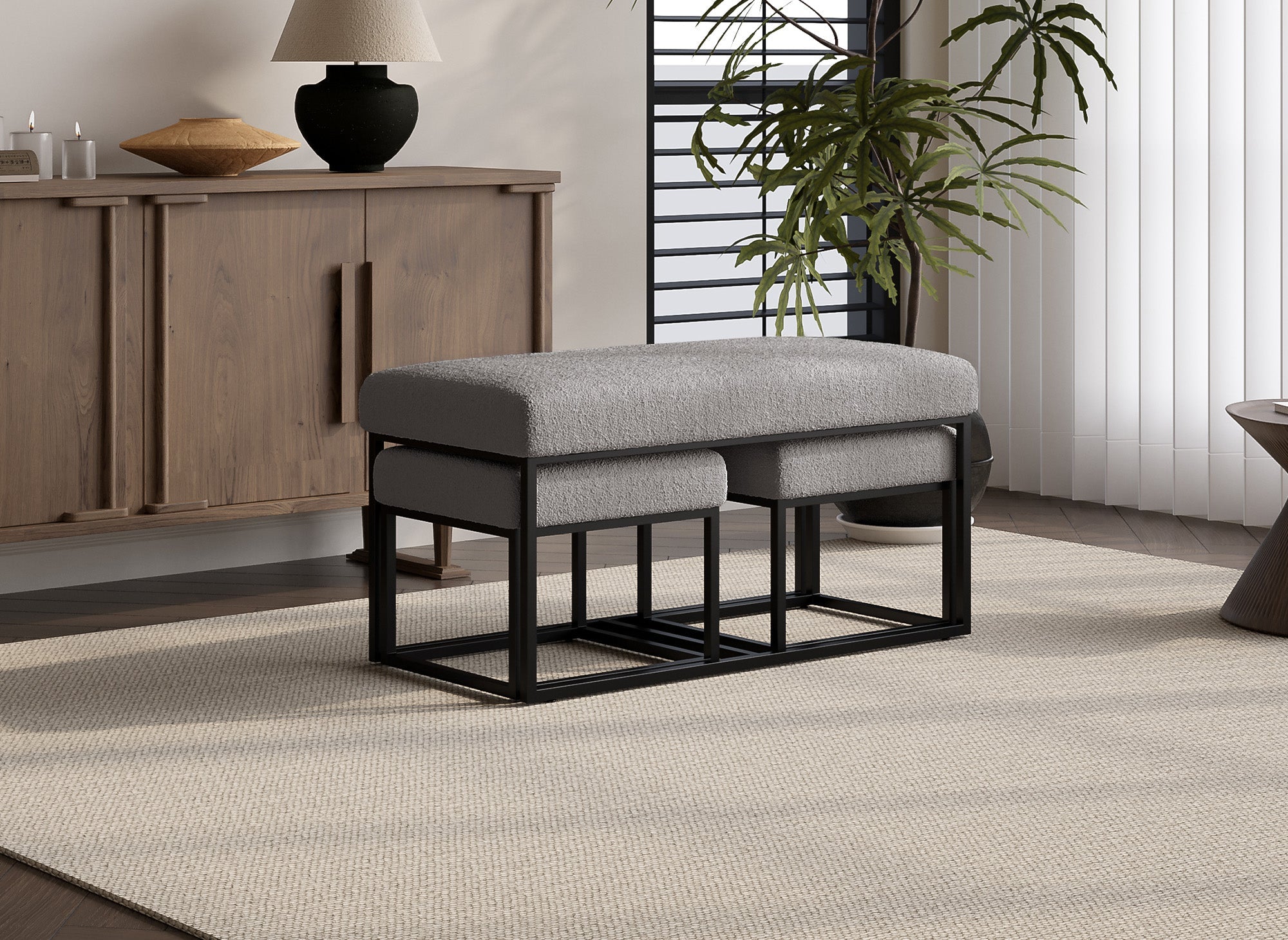 Banquette avec poufs en tissu bouclette gris et pieds en métal noir BECKIE