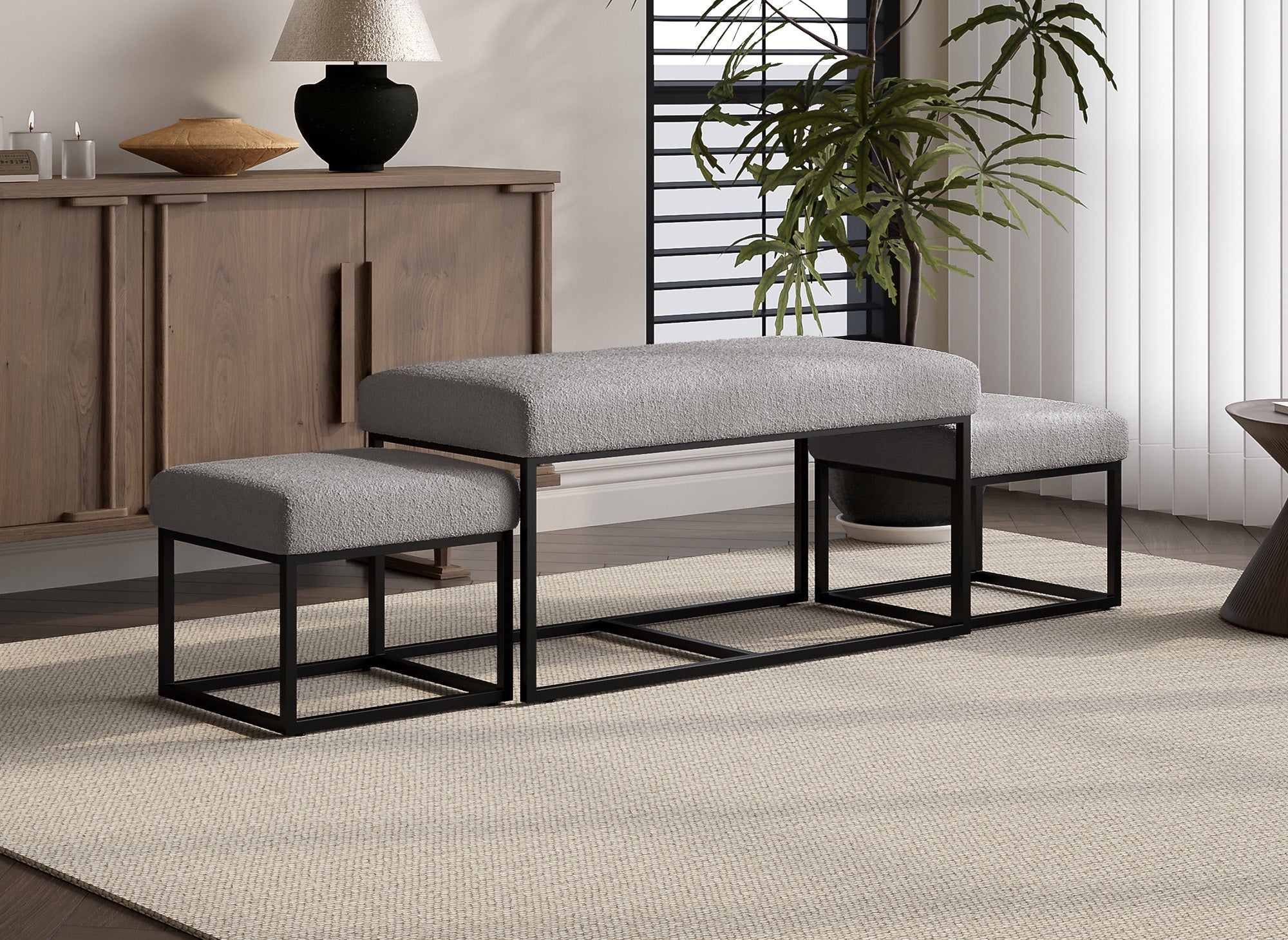 Banquette avec poufs en tissu bouclette gris et pieds en métal noir BECKIE