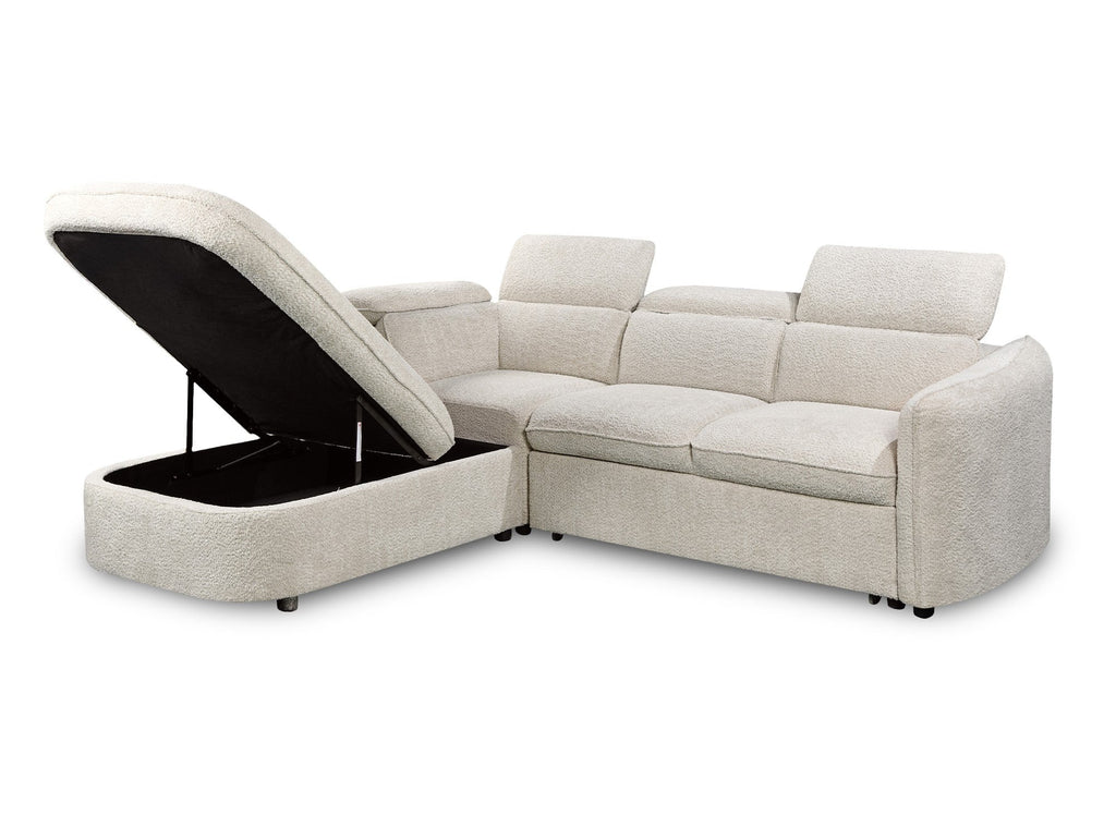 Canapé d'angle convertible avec coffre de rangement en tissu bouclette écru BAYA - angle gauche