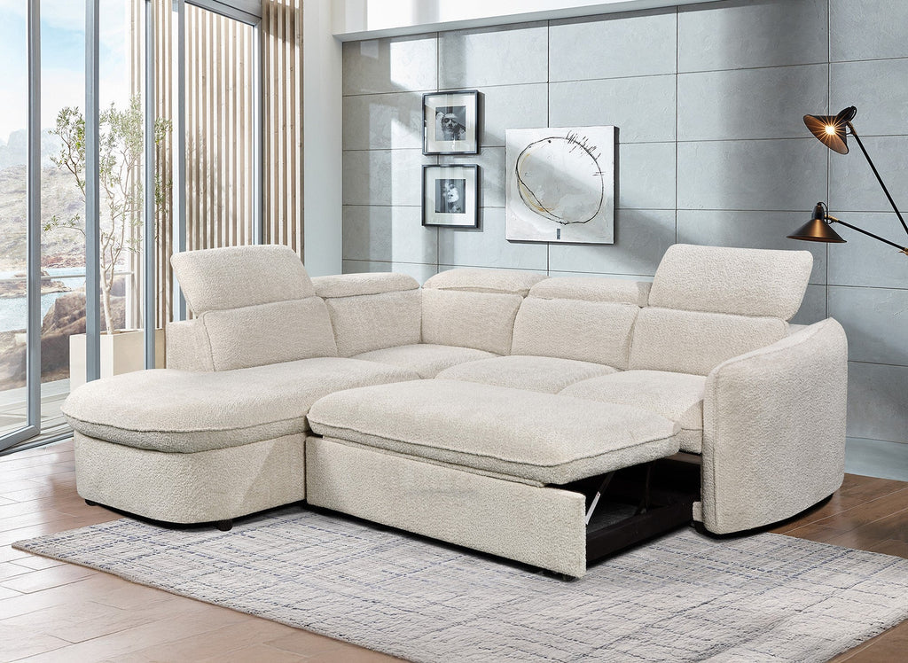 Canapé d'angle convertible avec coffre de rangement en tissu bouclette écru BAYA - angle gauche