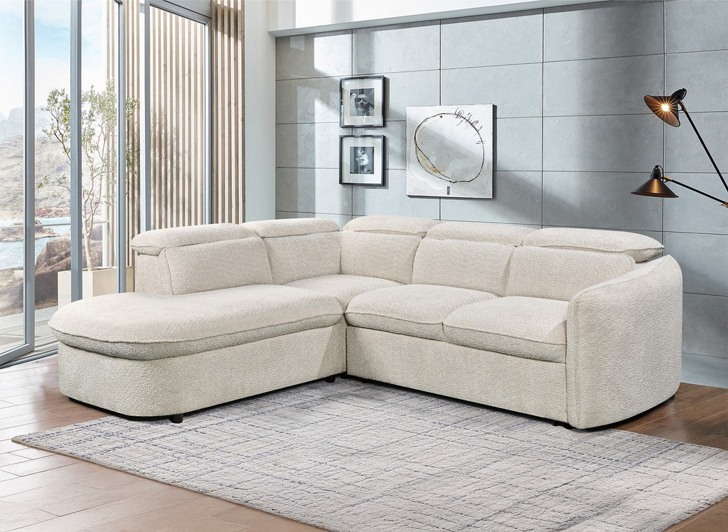 Canapé d'angle convertible avec coffre de rangement en tissu bouclette écru BAYA - angle gauche