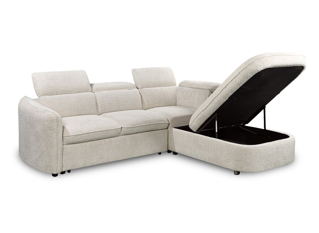 Canapé d'angle convertible avec coffre de rangement en tissu bouclette écru BAYA - angle droit