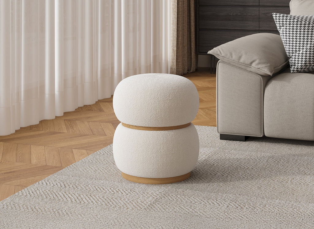 Pouf design en tissu effet peau de mouton écru et bois SNOW