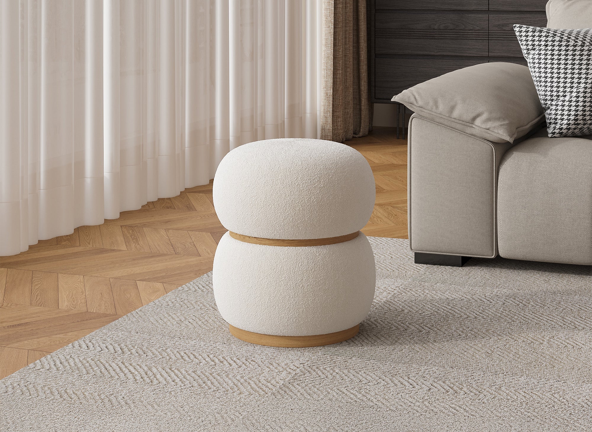 Pouf design en tissu effet peau de mouton écru et bois SNOW