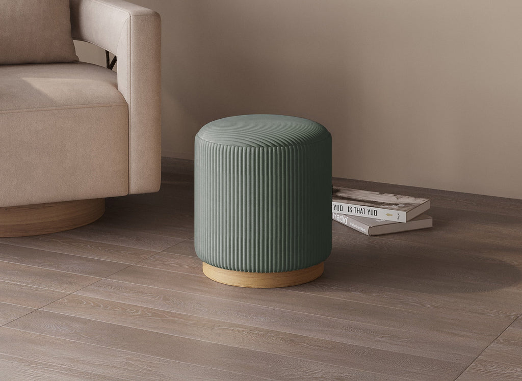 Pouf design en velours côtelé vert d'eau et pied en bois NAORA