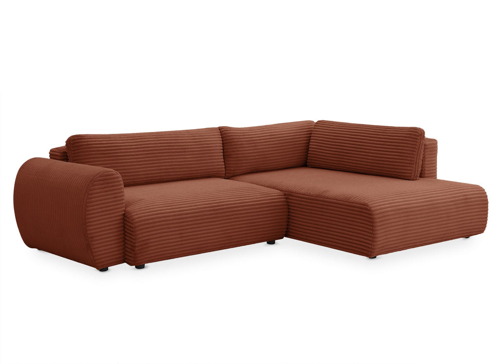 Canapé d'angle convertible avec méridienne et coffre en gros côtelé terracotta TILDA - Angle droit