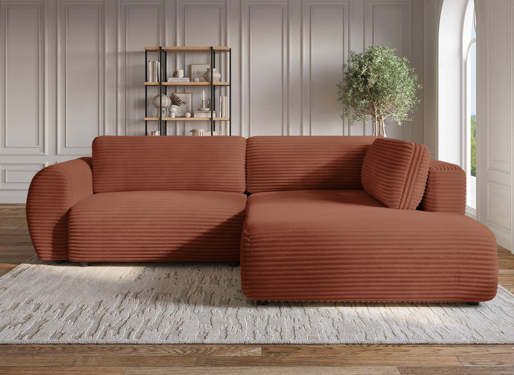 Canapé d'angle convertible avec méridienne et coffre en gros côtelé terracotta TILDA - Angle droit