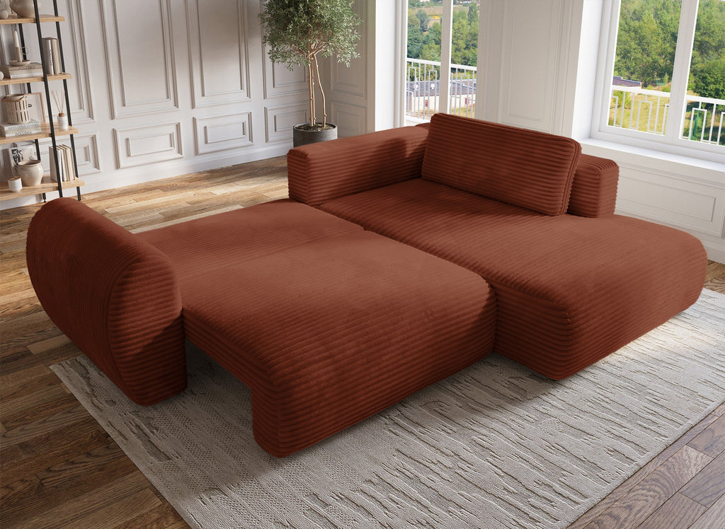 Canapé d'angle convertible avec méridienne et coffre en gros côtelé terracotta TILDA - Angle droit