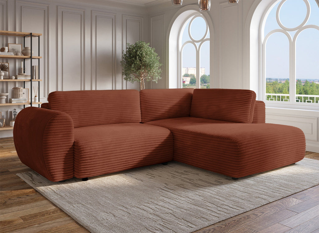 Canapé d'angle convertible avec méridienne et coffre en gros côtelé terracotta TILDA - Angle droit