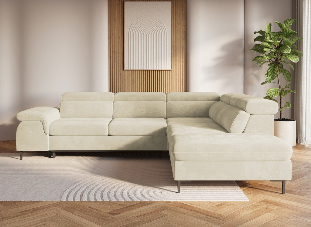 Canapé d'angle convertible avec coffre de rangement en velours beige SWAN - Angle droit