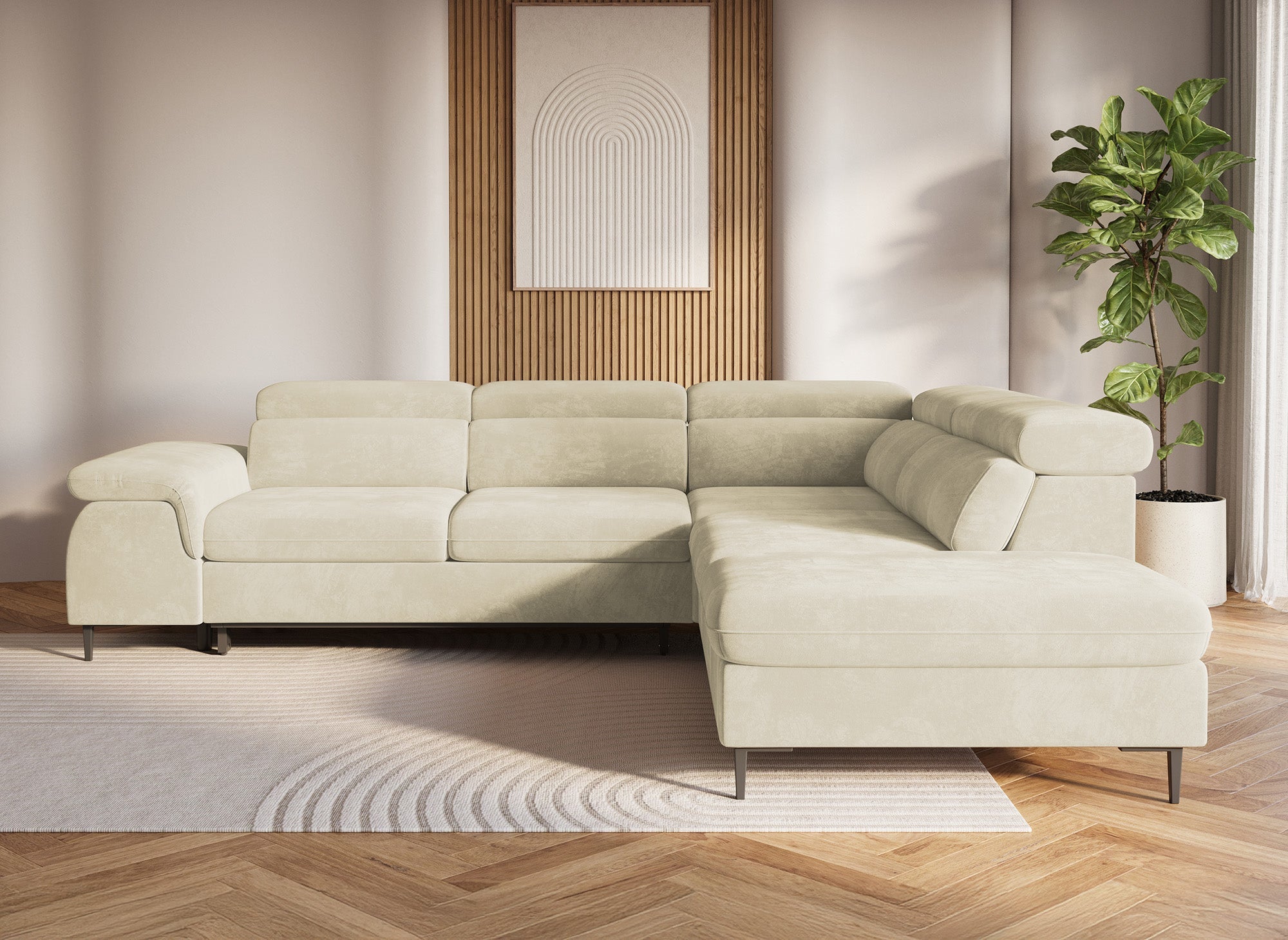 Canapé d'angle convertible avec coffre de rangement en velours beige SWAN - Angle droit