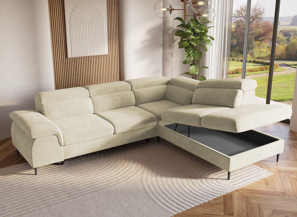 Canapé d'angle convertible avec coffre de rangement en velours beige SWAN - Angle droit