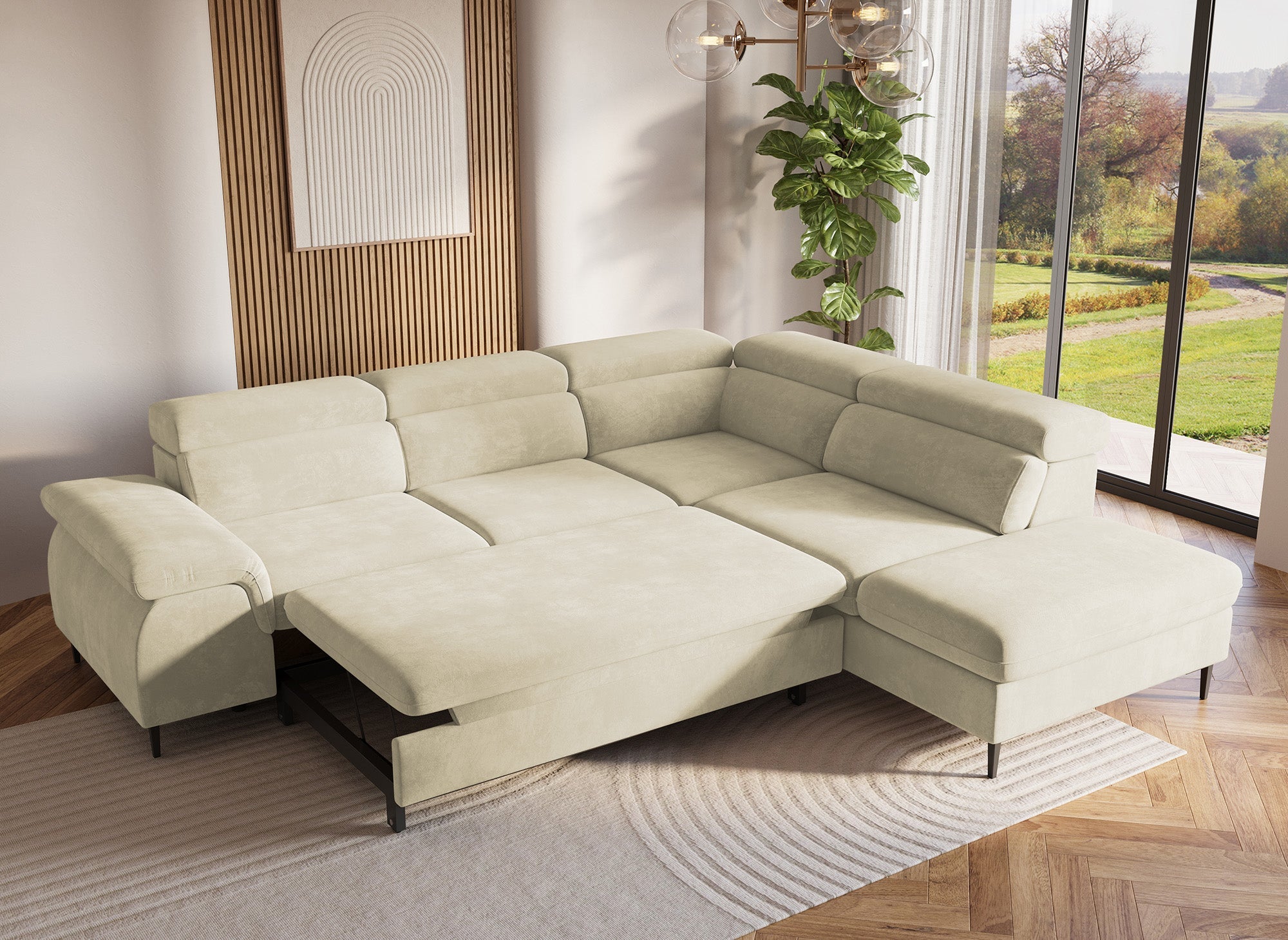 Canapé d'angle convertible avec coffre de rangement en velours beige SWAN - Angle droit