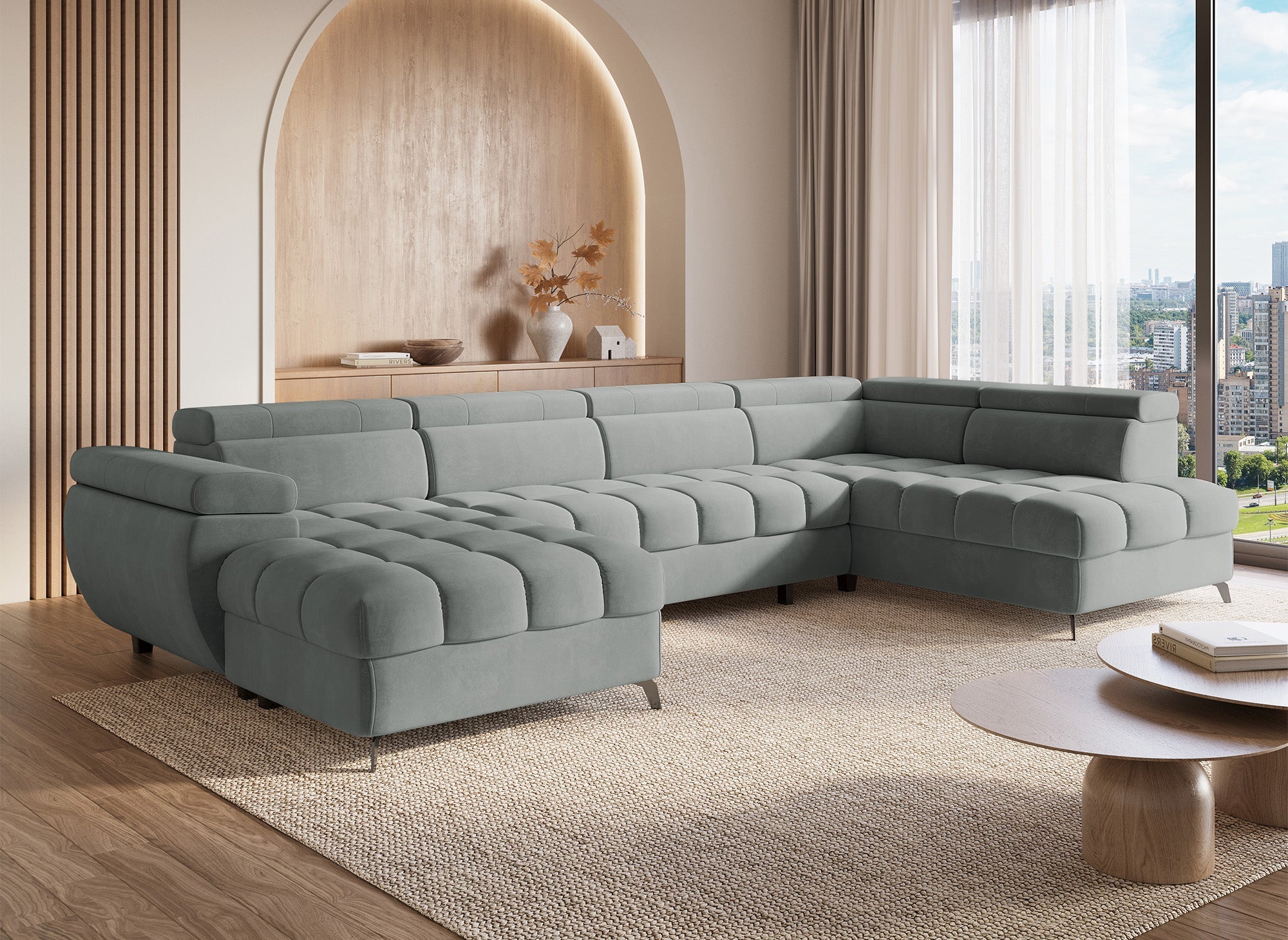 Canapé panoramique convertible matelassé avec coffre en velours gris LUCIANO - Angle gauche