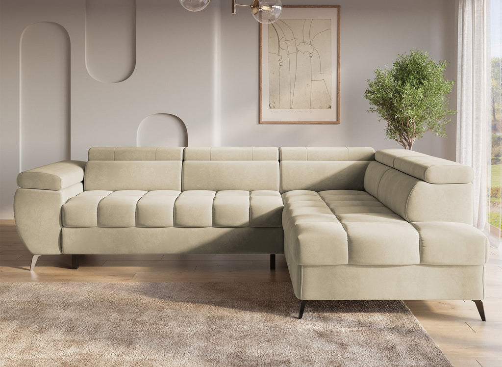 Canapé d'angle convertible matelassé avec coffre en velours beige LUCIANO - Angle droit
