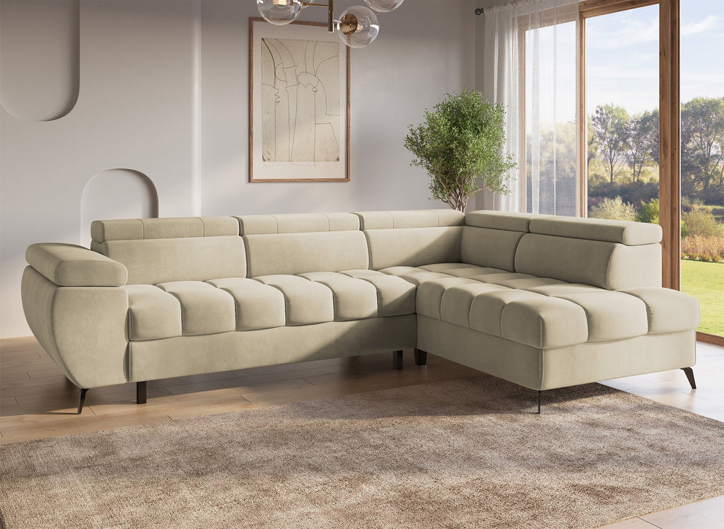Canapé d'angle convertible matelassé avec coffre en velours beige LUCIANO - Angle droit