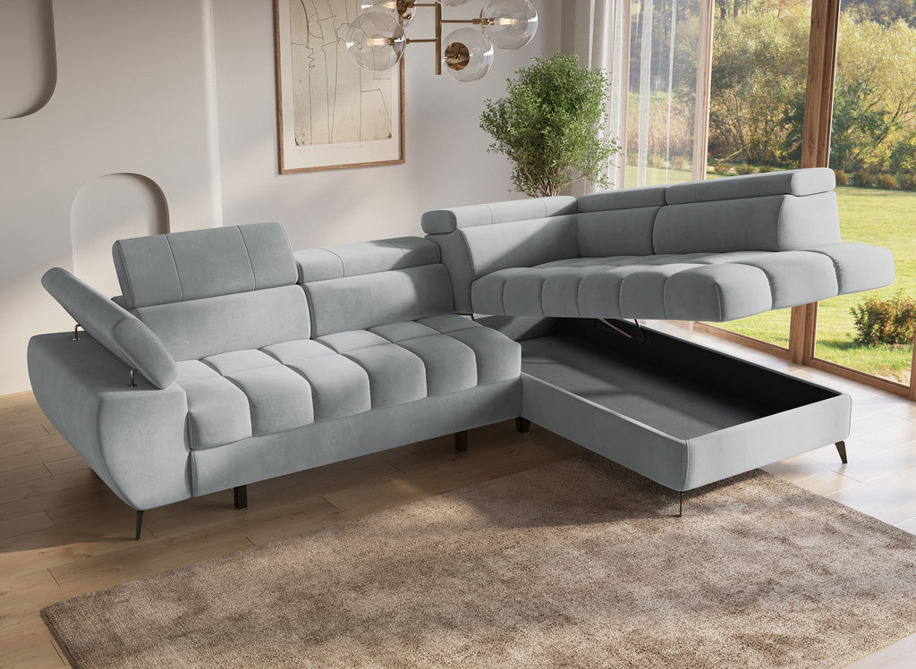 Canapé d'angle convertible matelassé avec coffre en velours gris LUCIANO - Angle droit