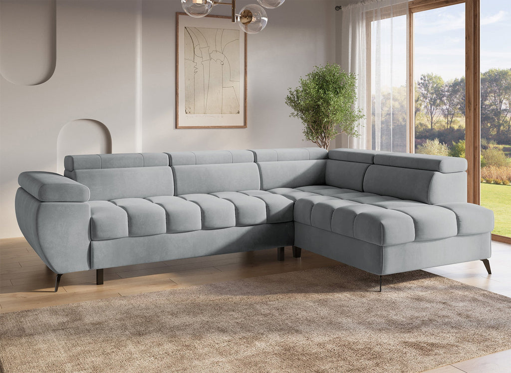 Canapé d'angle convertible matelassé avec coffre en velours gris LUCIANO - Angle droit