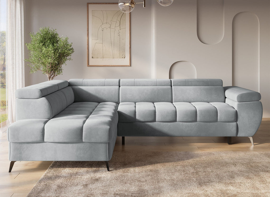 Canapé d'angle convertible matelassé avec coffre en velours gris LUCIANO - Angle gauche