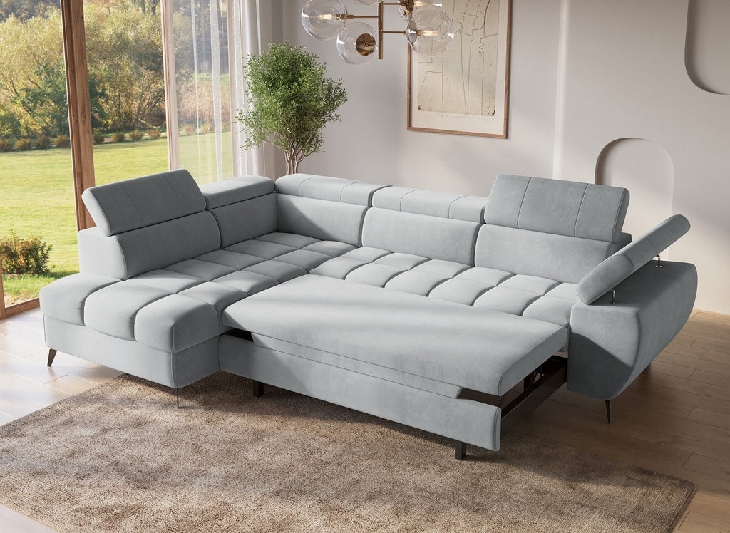 Canapé d'angle convertible matelassé avec coffre en velours gris LUCIANO - Angle gauche