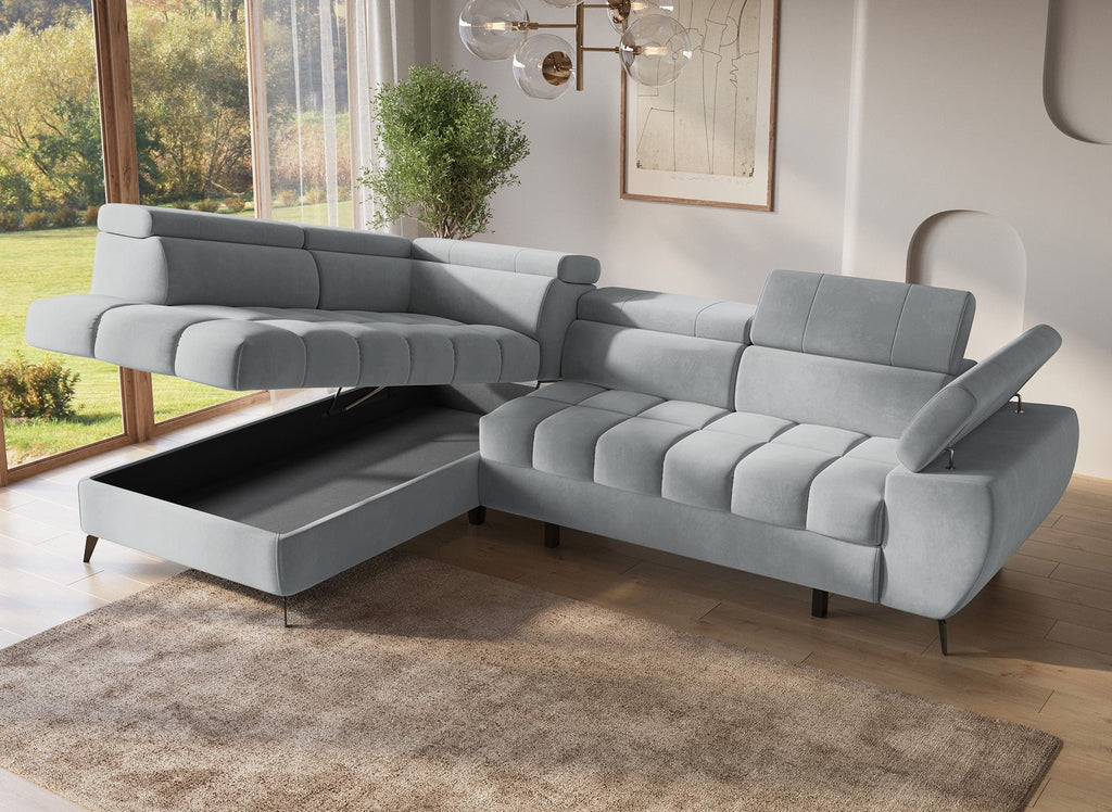 Canapé d'angle convertible matelassé avec coffre en velours gris LUCIANO - Angle gauche