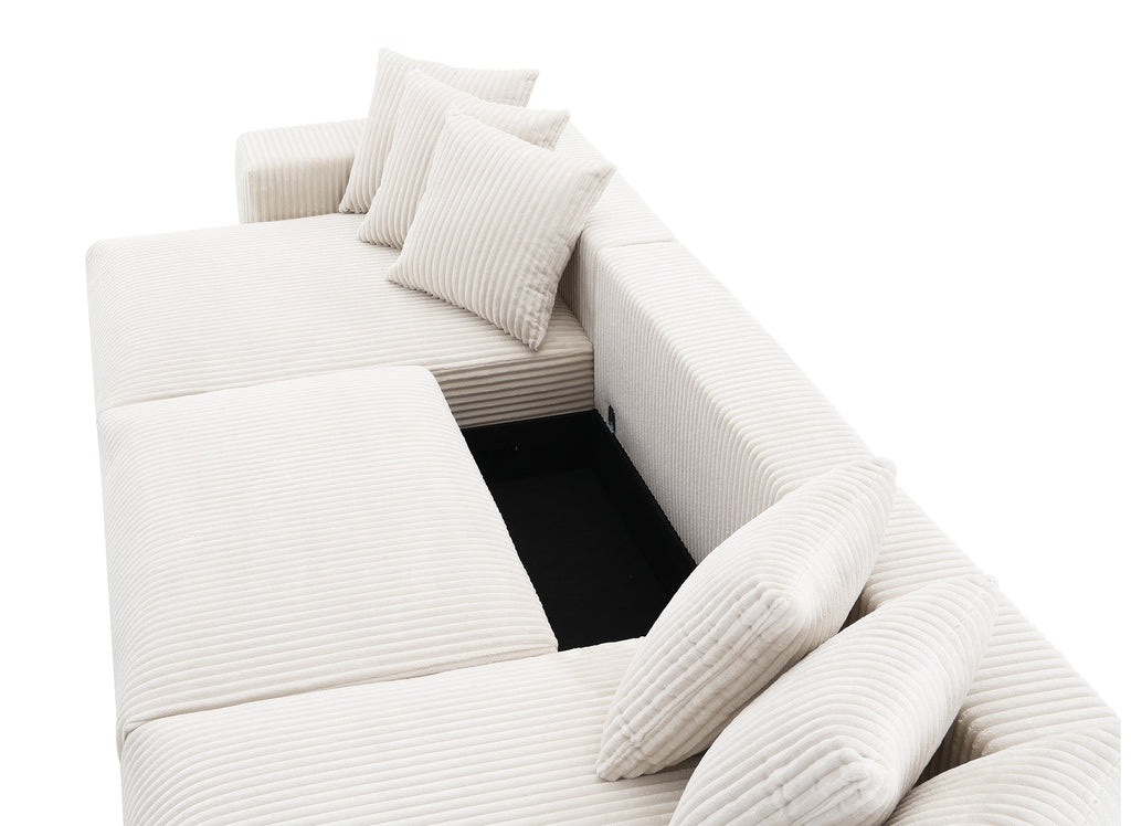 Canapé panoramique réversible convertible avec coffre en velours côtelé épais beige NOELIA