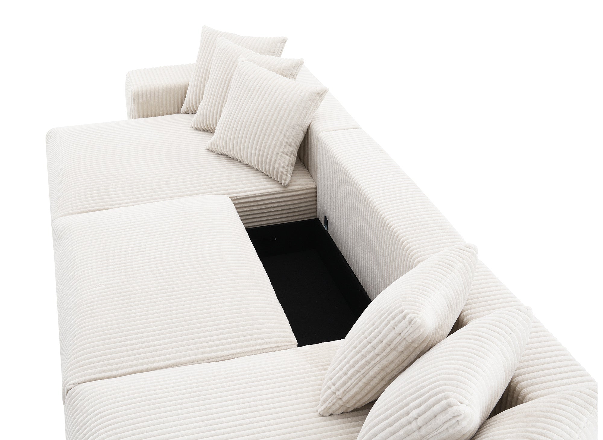 Canapé panoramique réversible convertible avec coffre en velours côtelé épais beige NOELIA