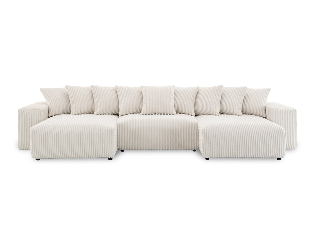 Canapé panoramique réversible convertible avec coffre en velours côtelé épais beige NOELIA