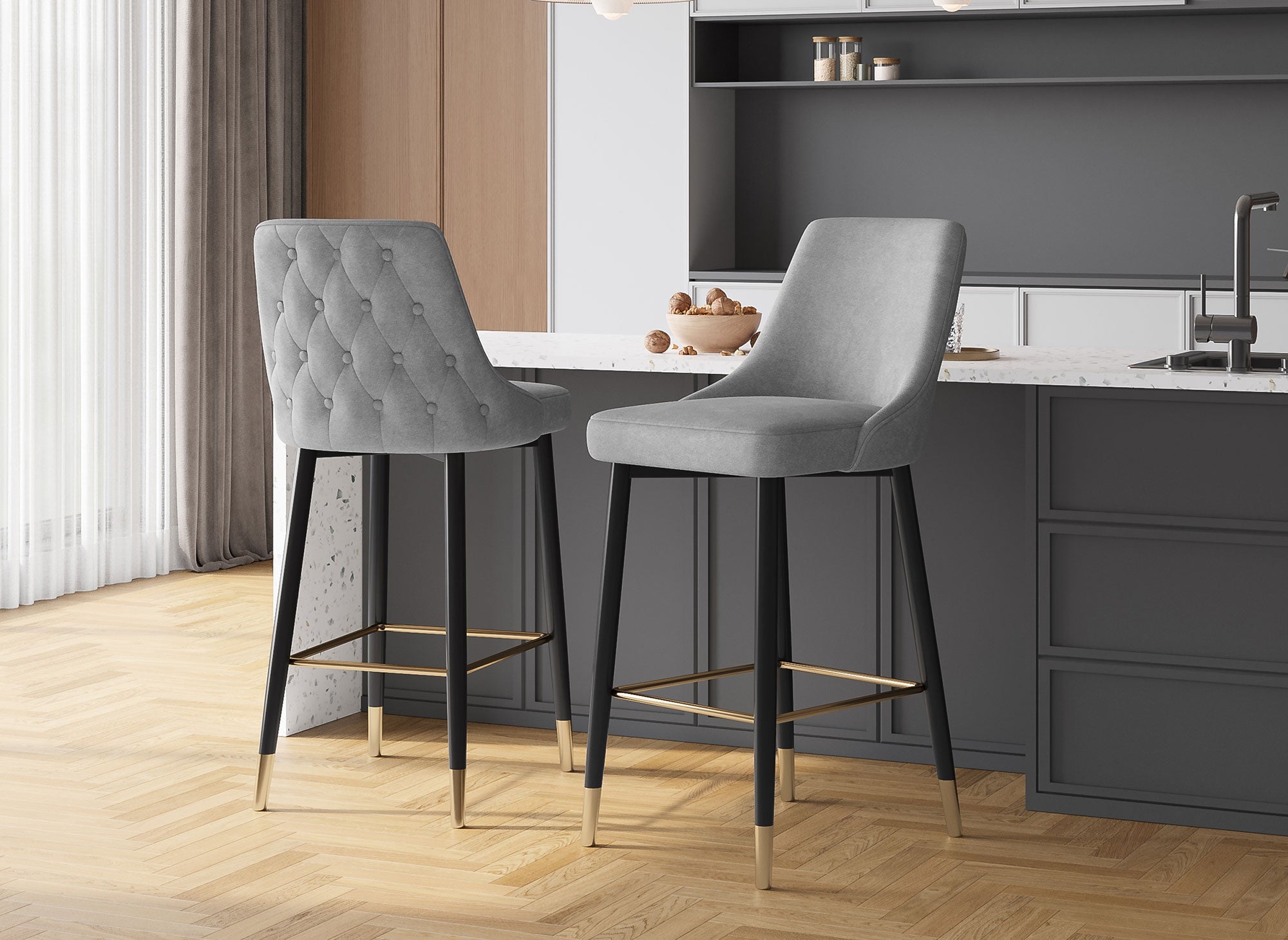 Lot de 2 tabourets de bar en velours gris DORINA