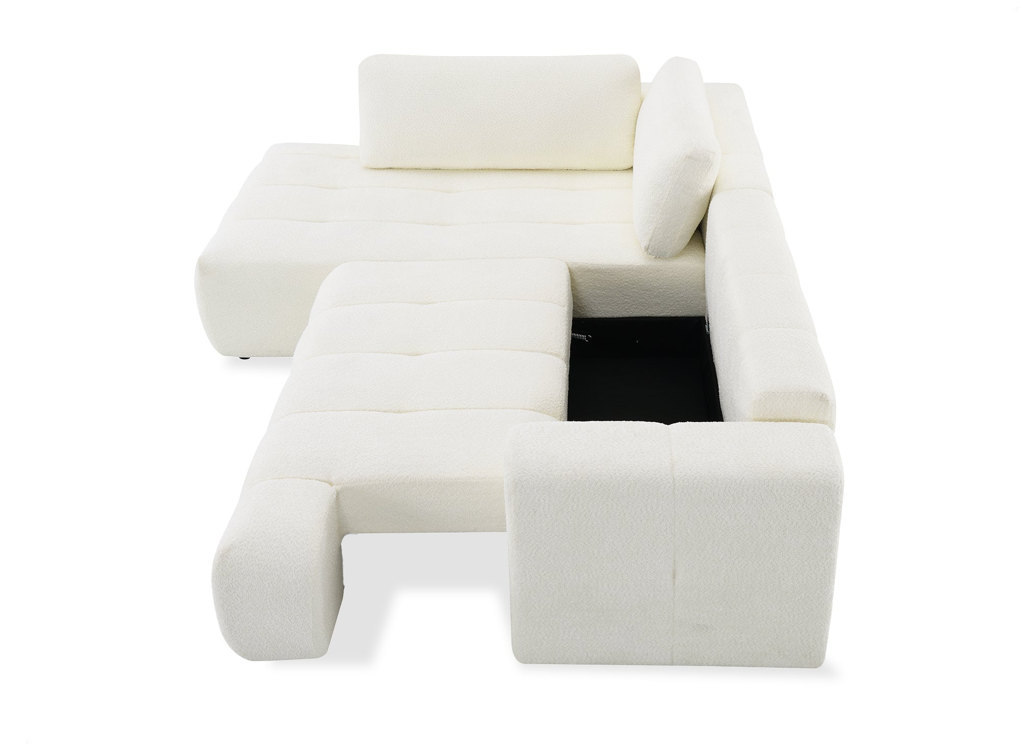 Canapé d'angle convertible avec coffre en tissu bouclette écru HAVEN - Angle gauche