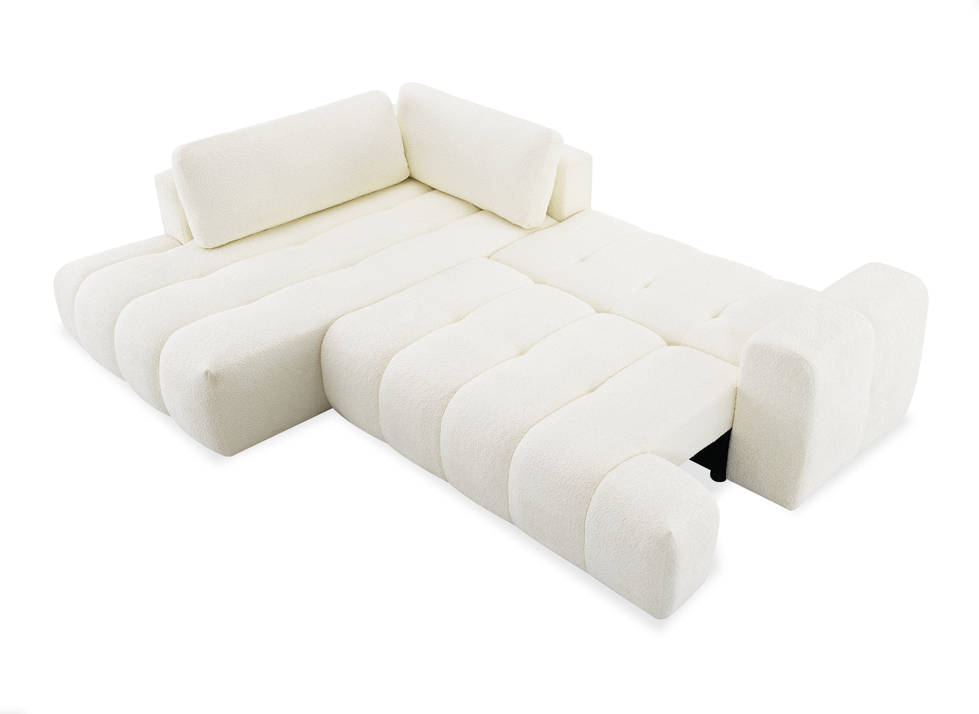 Canapé d'angle convertible avec coffre en tissu bouclette écru HAVEN - Angle gauche