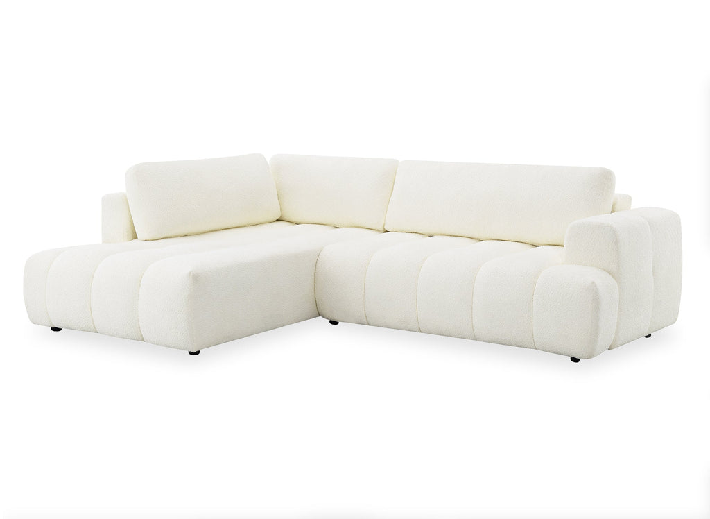 Canapé d'angle convertible avec coffre en tissu bouclette écru HAVEN - Angle gauche
