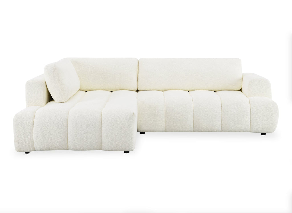 Canapé d'angle convertible avec coffre en tissu bouclette écru HAVEN - Angle gauche