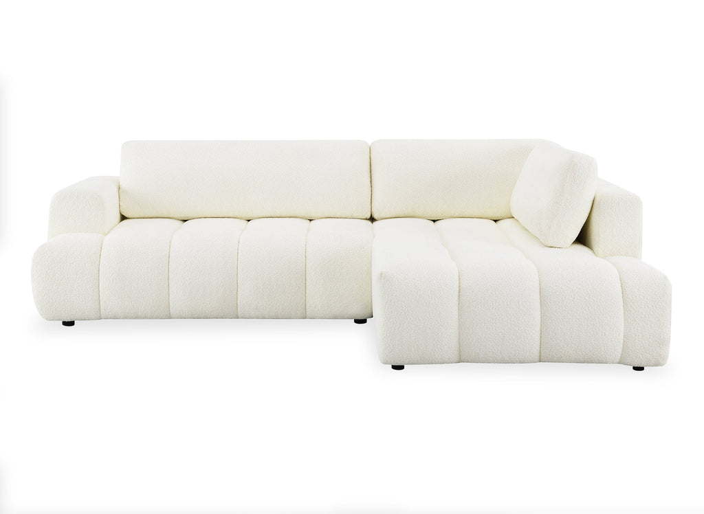 Canapé d'angle convertible avec coffre en tissu bouclette écru HAVEN - Angle droit