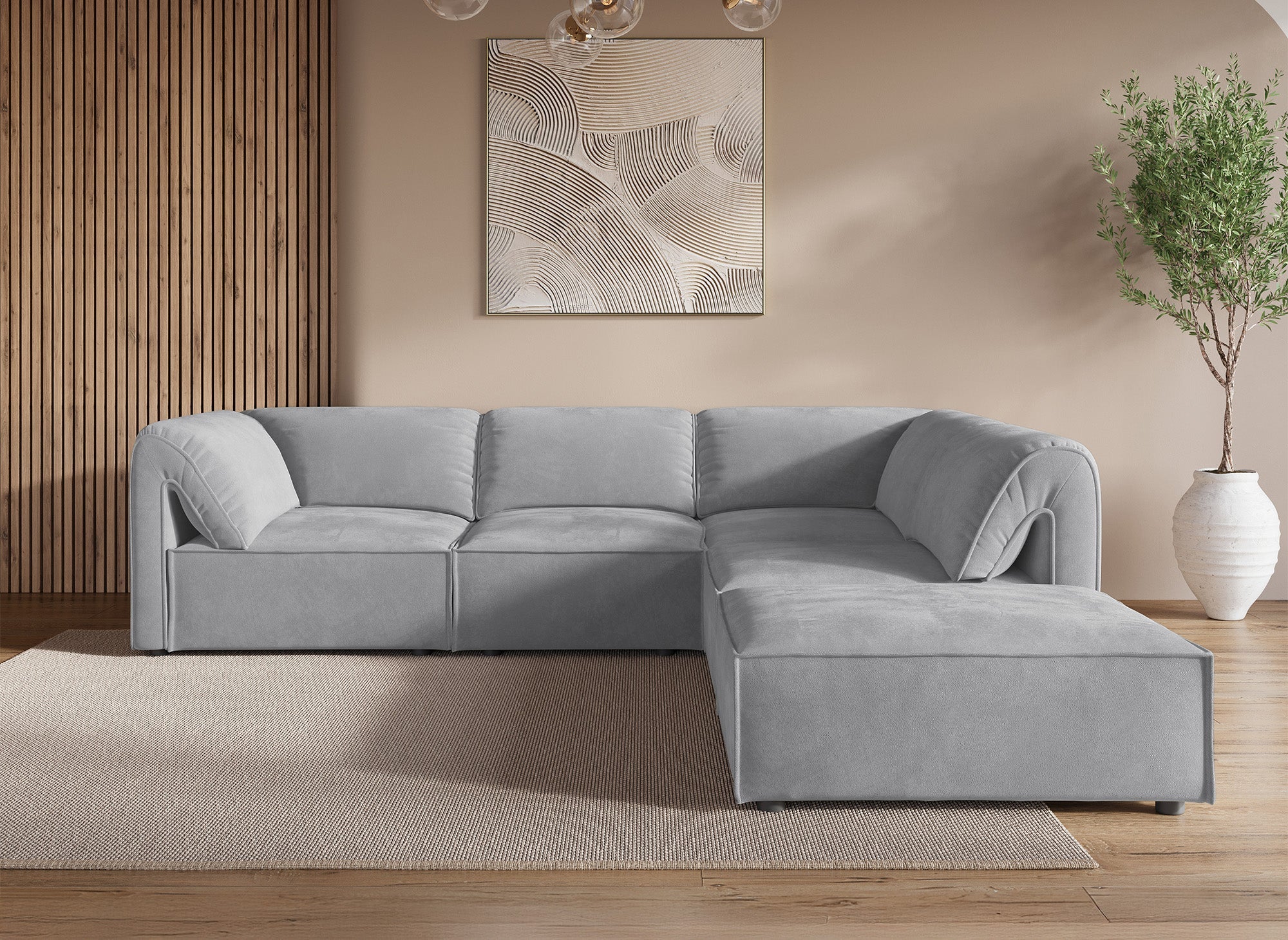 Canapé d'angle modulable en velours gris HARINA