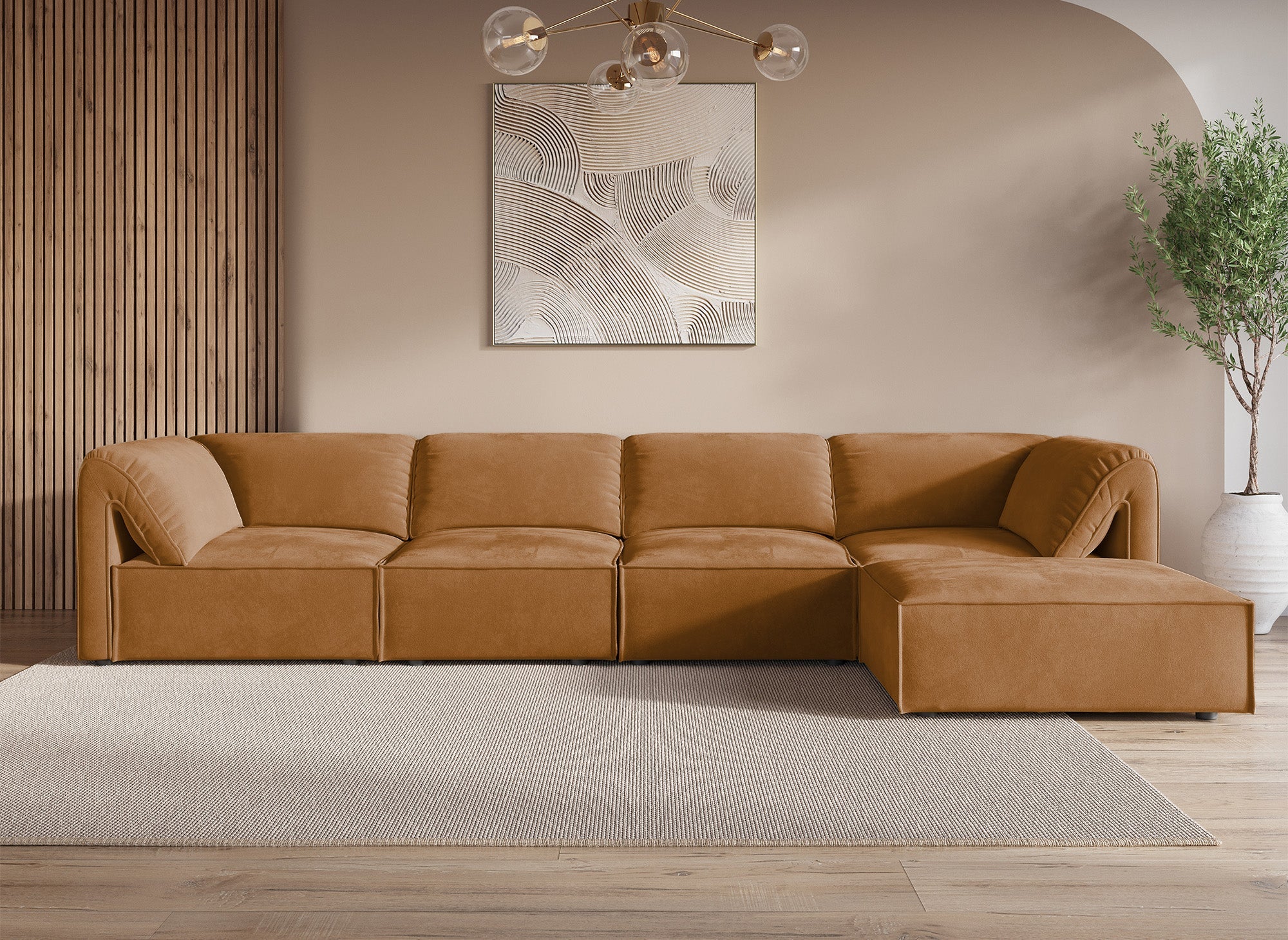 Canapé d'angle modulable en velours moutarde HARINA