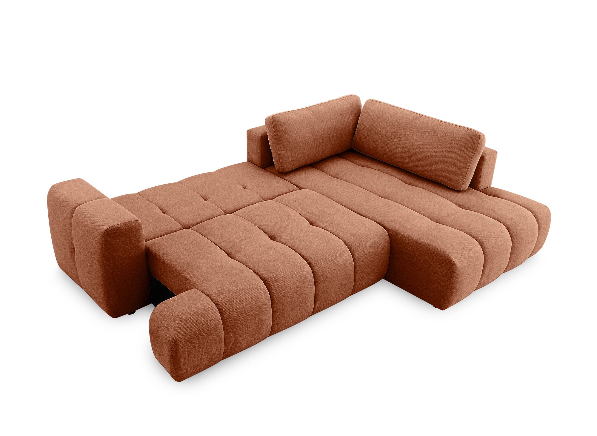 Canapé d'angle convertible avec coffre en tissu terracotta HAVEN - Angle droit